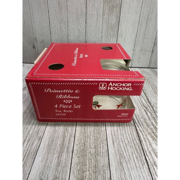 Vtg Anchor Hocking Poinsettia & Ribbons Rocks Glasses 3.25" Tall Barware Set 4 - Picture 4 of 10